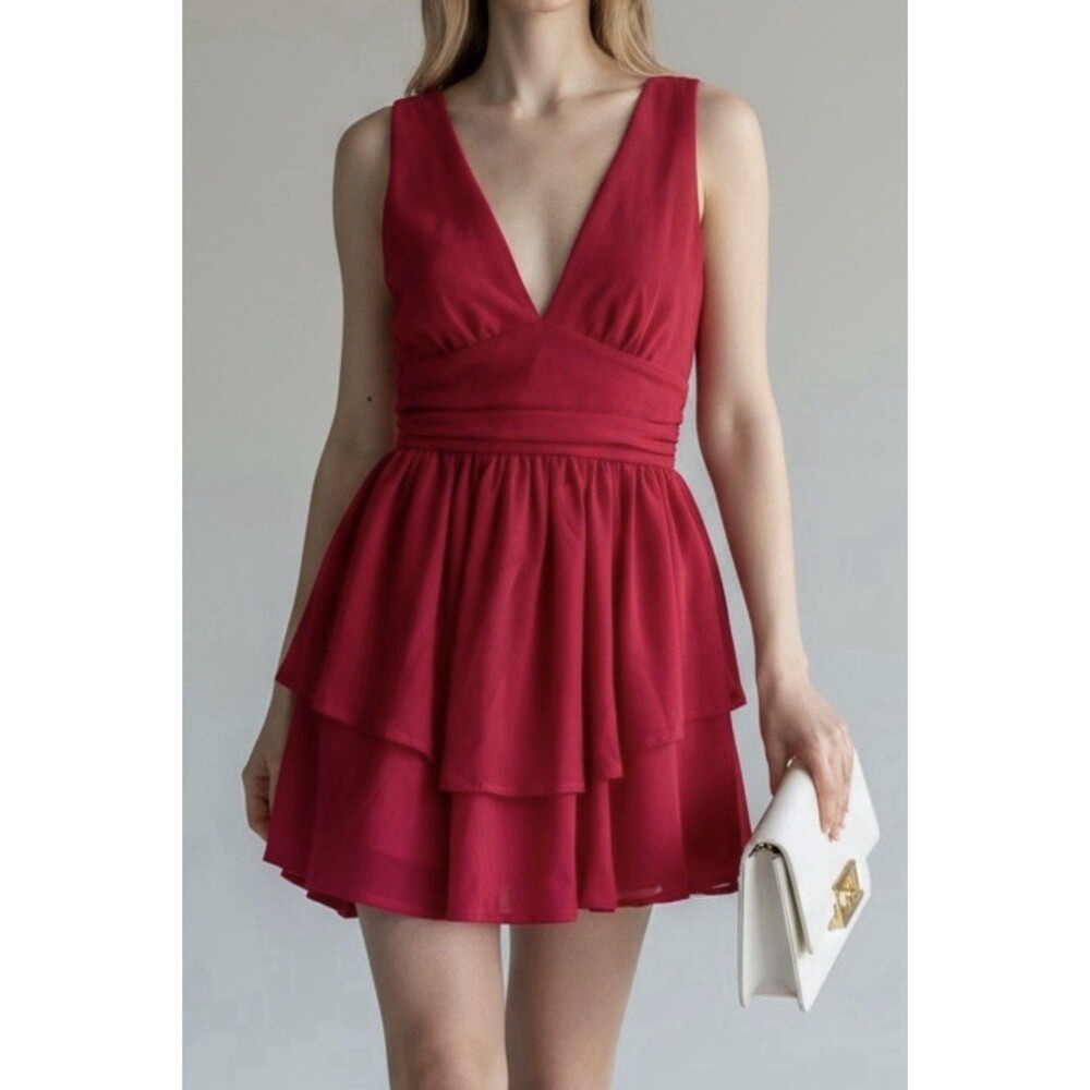 Red Plunge Neck Layered Ruffle Mini Dress XS